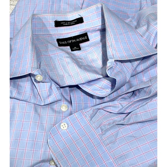 Saks Fifth Avenue Dress Button Shirt Mens Large‎ 16 Plaid Pink Blue Long Sleeve - Picture 1 of 8